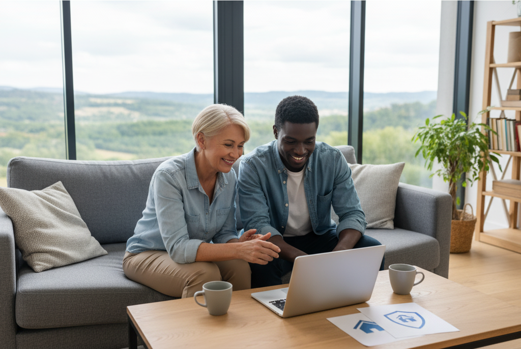 [Imagem ilustrativa de tranquilidade e segurança financeira, com pessoas sorrindo e documentos de seguro simbólicos]